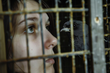 young woman, locked in a cage, looking at freedom