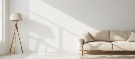 Simple living room interior with a beige sofa placed against a white, blank wall, featuring a lamp.