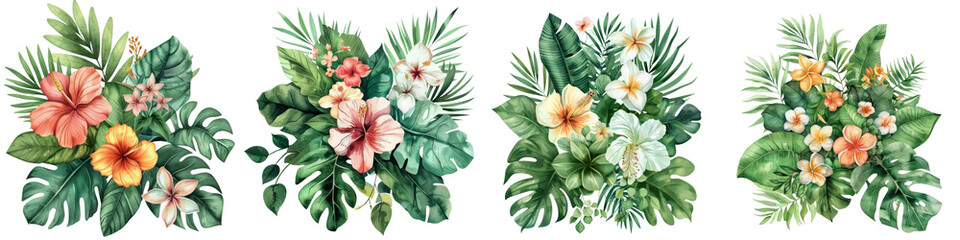 Watercolor of Tropical spring floral green leaves and flowers elements  On A Clean White Background Soft Watercolour Transparent Background