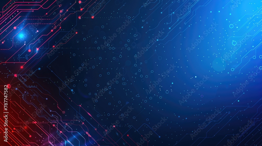 Poster blue and red abstract background featuring intersecting lines and scattered dots, creating a dynamic