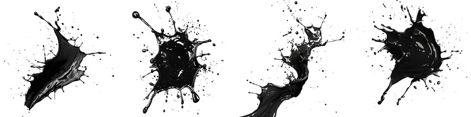 Abstract black ink splash, drops, paint, brush strokes, stain grunge  On A Clean White Background Soft Watercolour Transparent Background