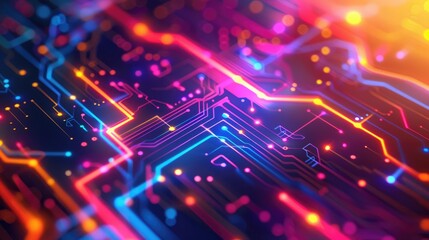 A computer circuit board illuminated with colorful lights, showcasing digital technology and abstract colors - obrazy, fototapety, plakaty