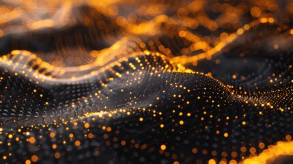 Detailed view of abstract black and yellow background with glowing waves of colored sparks