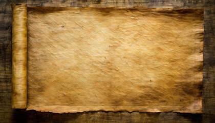 An aged papyrus manuscript, unrolled, displaying a textured surface with dark spots on a wooden...