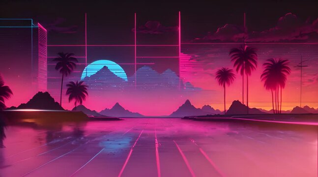 Retro 80s Aesthetic Neon Grid Landscape on a Black Background