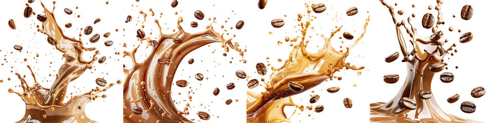 Milk Brown coffee liquid swirl splash and little bubbles with falling coffee Beans  On A Clean White Background Soft Watercolour Transparent Background
