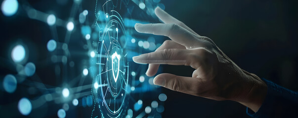 Digital security network. Abstract concept illustration featuring businessman guarding data with shield key and padlock symbolizing online privacy and cyber protection