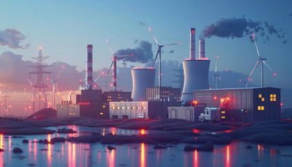 Obraz premium A large industrial building with smoke coming out of it by AI generated image