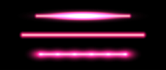 Pink neon tube lamp set. Glowing led light line beam collection. Bright luminous fluorescent bar stick lines. Shining cold color strip element pack to divide, separate, decorate. Vector illustration