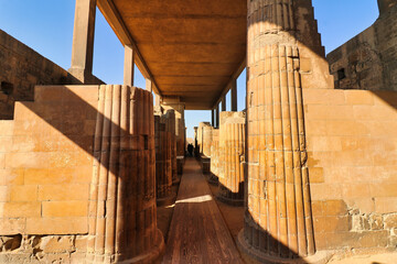 Papyrus styled Colonnade gallery leading to the courtyard of the Step Pyramid of Djoser at Saqqara...