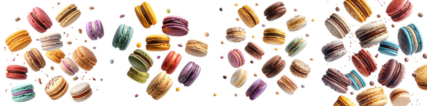 Various colorful of macarons floating on the air   On A Clean White Background Soft Watercolour Transparent Background