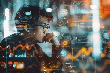 Double exposure of Businessman and Evaluate product performance with digital graphs.