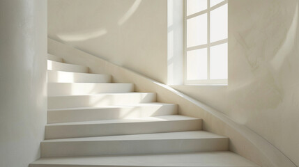 Sleek beige stairs designed in a Scandinavian style in a beautiful interior with a window.