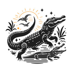 crocodile animal vector art with summer sunset t- shirt design isolated on transparent background - Generative AI 