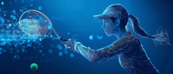 Over a blue geometric backdrop, a low poly wireframe tandem format style art depicts a lady tennis player colliding with a tennis ball and space, Generative AI. - obrazy, fototapety, plakaty