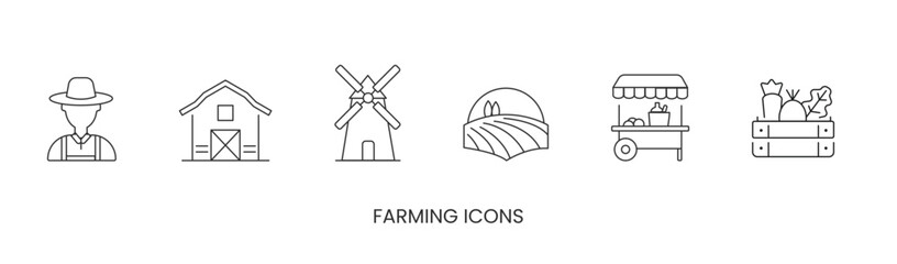 Vector farming set of icons, outdoor market, shop icon, box with vegetables and fruit icon, farmer, windmill, stall, field. Trendy colors. Isolated on a white background. Editable stroke - obrazy, fototapety, plakaty