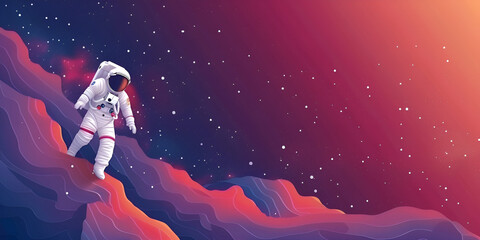Astronaut walking on mars purple space with large planets on purple starry sky, meteors and mountains landscape. - obrazy, fototapety, plakaty