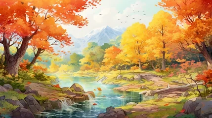 Zelfklevend Fotobehang autumn landscape with sparkling water and falling leaves. cartoon anime illustration style © Aura