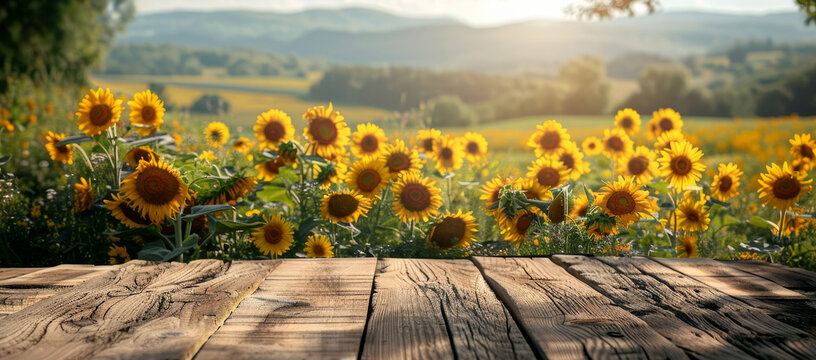 A wooden table with a view of a field of yellow sunflowers by AI generated image