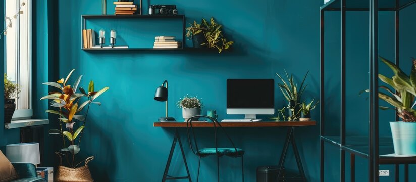 Cyan-colored living room with a desk and shelf.