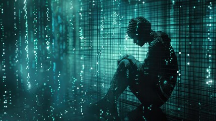 A person trapped within a digital cage, exploring the potential dangers of technology addiction.