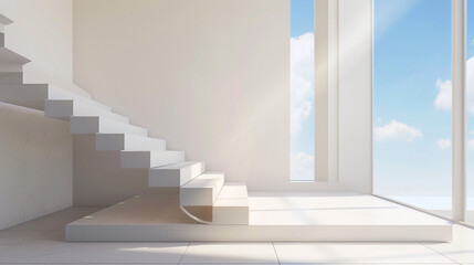 Sleek beige stairs in a minimalist Scandinavian lounge with a window offering a beautiful view.