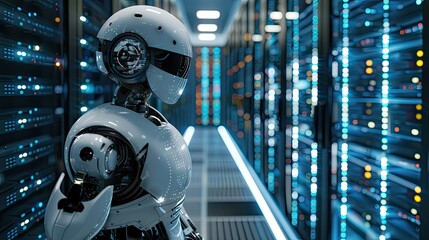 Fototapeta premium A robot technician working on servers, adding a futuristic and humorous twist.