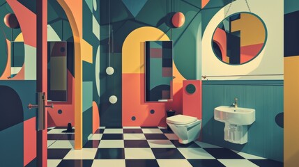 A humorous scene in geometric style, with circles, rectangles, and triangles showcasing quirky bathroom etiquette
