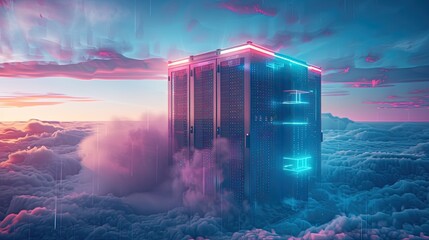A server room floating in the clouds, symbolizing the intangibility of the digital world. - obrazy, fototapety, plakaty