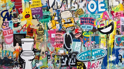 A chaotic yet charming mix of funny bathroom sayings, layered creatively in a vibrant, complex artwork - obrazy, fototapety, plakaty