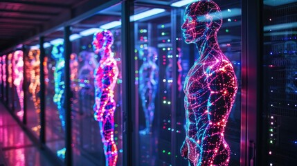 Servers morphing into human figures, exploring the relationship between technology and humanity.