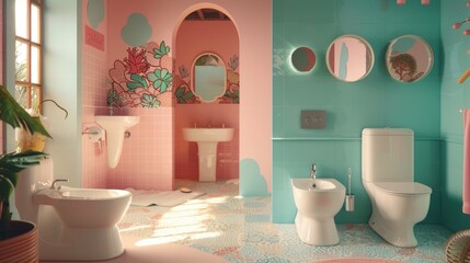 An artistic ensemble of funny bathroom quotes intertwined with whimsical graphics, crafting a playful yet harmonious visual