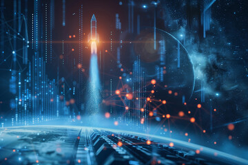 Rocket rising into space and Track customer retention rates via digital charts.