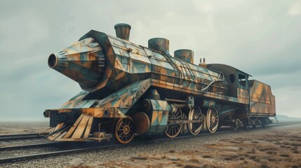 Antique train transformed into an abstract geometric spectacle, highlighting the allure of past engineering - obrazy, fototapety, plakaty