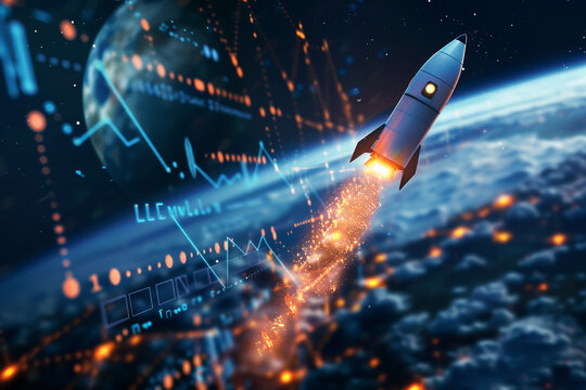 Rocket rising into space and Track customer retention rates via digital charts.