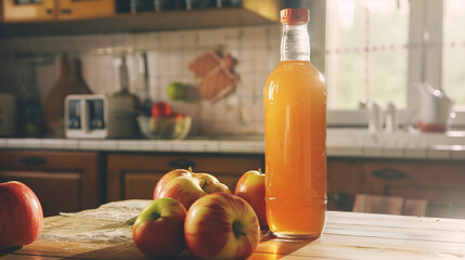 Bottle of apple juice with fresh apples on a table.