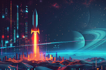 Rocket rising into space and Measure campaign ROI with digital chart metrics.