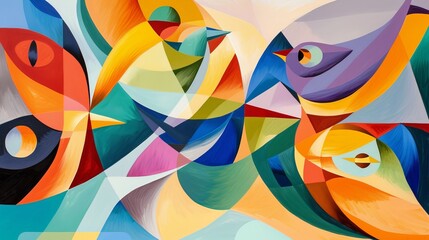 Abstract art of whimsical birds, layering geometric shapes in a kaleidoscope of colors for home decor