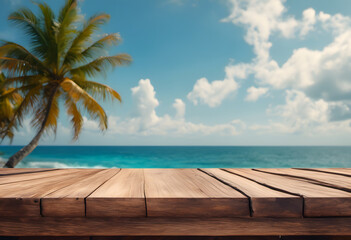Wooden table overlooking a tropical beach with a palm tree and clear blue sky.