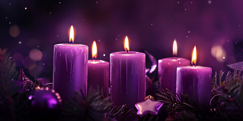 Obraz na płótnie Canvas Purple candles on a purple background with sparkles Candles Christmas Advent Pillar Candles Dripless Scented Catholic Advent Candle Purple Pink