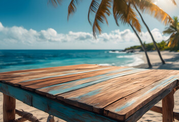 A rustic wooden table overlooking a tropical beach with palm trees and clear blue sky.