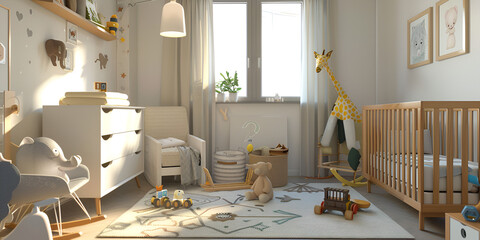 Obraz na płótnie Canvas Cozy interior of a children's room interior render nursery featuring Wooden Furniture 3d Render Scandinavian Inspired Kids Room With Natural Classic style interior of children room kids room with 