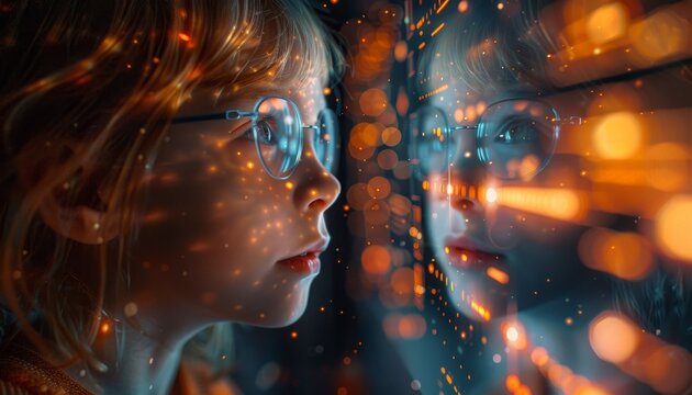 A young boy is looking at a computer screen with a lot of bright colors by AI generated image