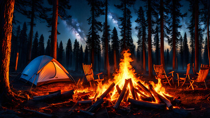 Naklejka premium Outdoor camping campfire, chairs placed around, in the forest, with tents placed next to them