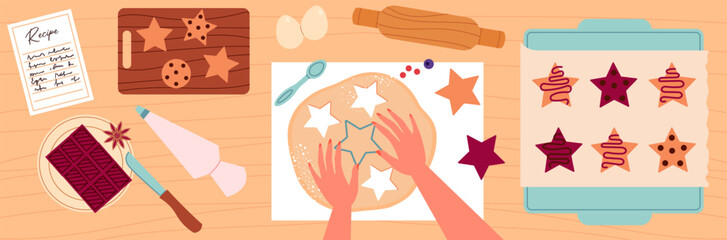 Top view on hands making cookies cartoon vector illustration. Process of making sweet cookies on big table. Festive shaped cookies.