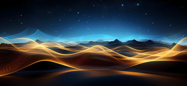 A background of glowing blue and gold wavy lines with stars in the sky