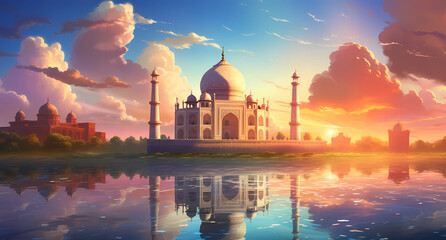 A beautiful oil painting of the Taj Mahal with clouds and sun