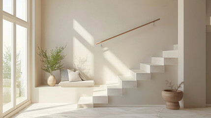 Stylish beige stairs in a chic Scandinavian-themed lounge with a window overlooking a tranquil scene.