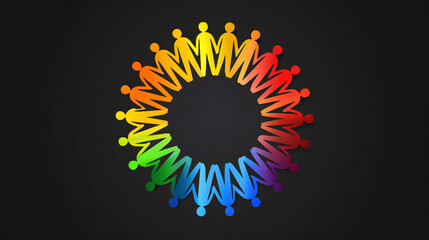 A circle of people holding hands in a rainbow of colors on a black background.