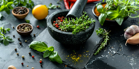  herbals natural medicine aromatic herbs with mortar fresh spices Grinding herbs with a mortar and pestle - obrazy, fototapety, plakaty